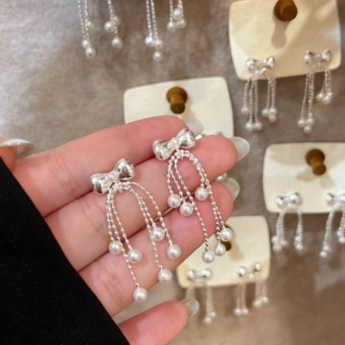 Faux Pearl Bow Tassel Drop Earrings Silver Needle Geometric Playful Luxury Jewelry For Women