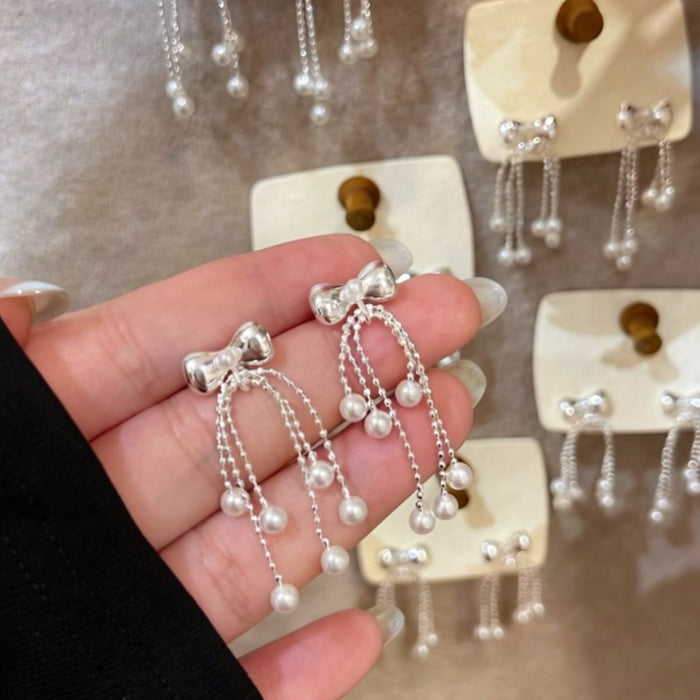 Faux Pearl Bow Tassel Drop Earrings Silver Needle Geometric Playful Luxury Jewelry For Women