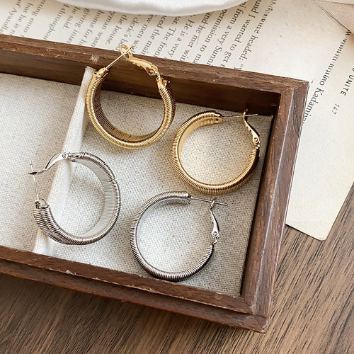 French Minimalist Copper Round Hoop Earrings With Silver Posts Light Luxury Geometric Style