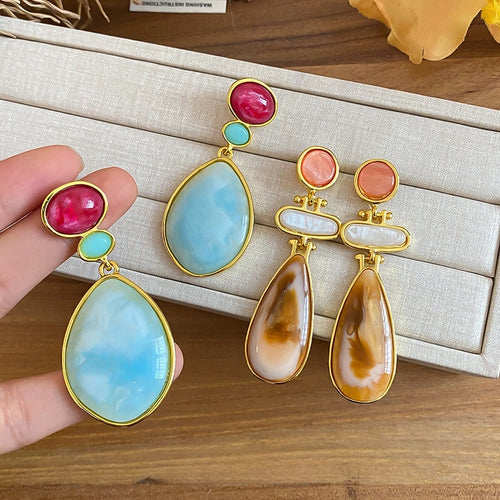 Vintage Resin Round Teardrop Pendant Drop Earrings With Silver Posts For Women