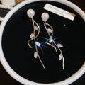 Copper Sparkling Zircon Leaf Pearl Tassel Drop Earrings With Silver Posts For Women view 2