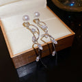 Copper Sparkling Zircon Leaf Pearl Tassel Drop Earrings With Silver Posts For Women view 4