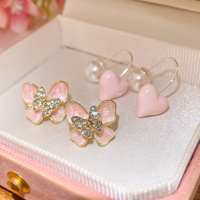 Vintage Heart Pink Faux Pearl Stud Earrings With Silver Pins, Minimalist Light Luxury Jewelry