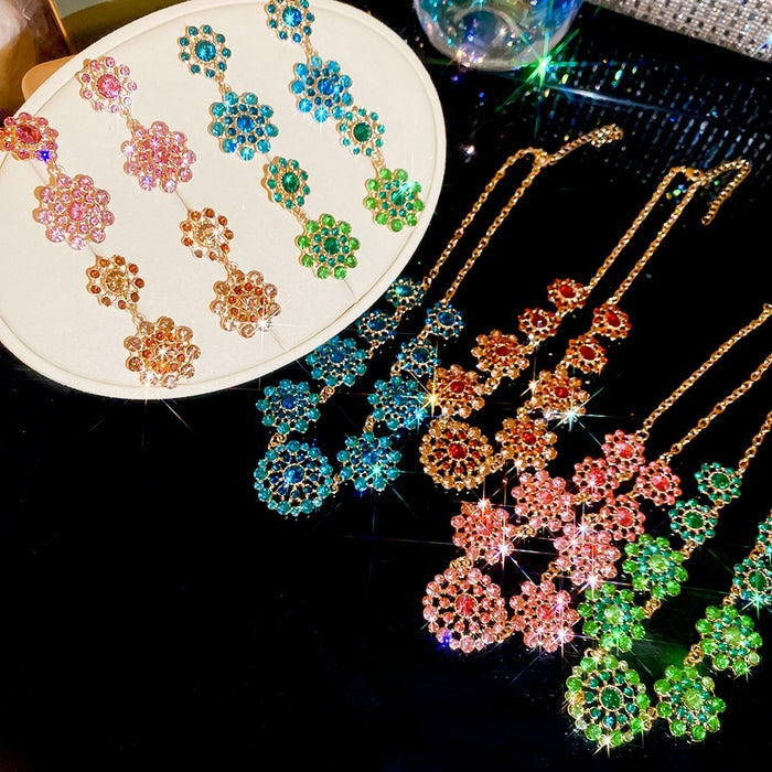Alloy Rhinestone Round Hollow Pendant Necklace And Earrings Jewelry Set For Women