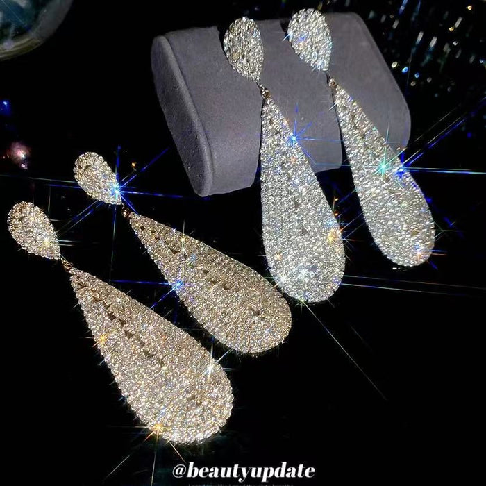 Luxury Full Rhinestone Long Teardrop Copper Drop Earrings Fashion Statement Stud Style