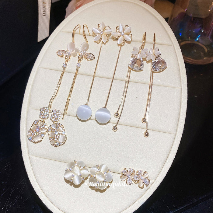 Light Luxury Cat Eye Stone Flower Tassel Drop Earrings For Elegant OL Fashion Style