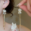 Light Luxury Cat Eye Stone Flower Tassel Drop Earrings For Elegant OL Fashion Style view 4