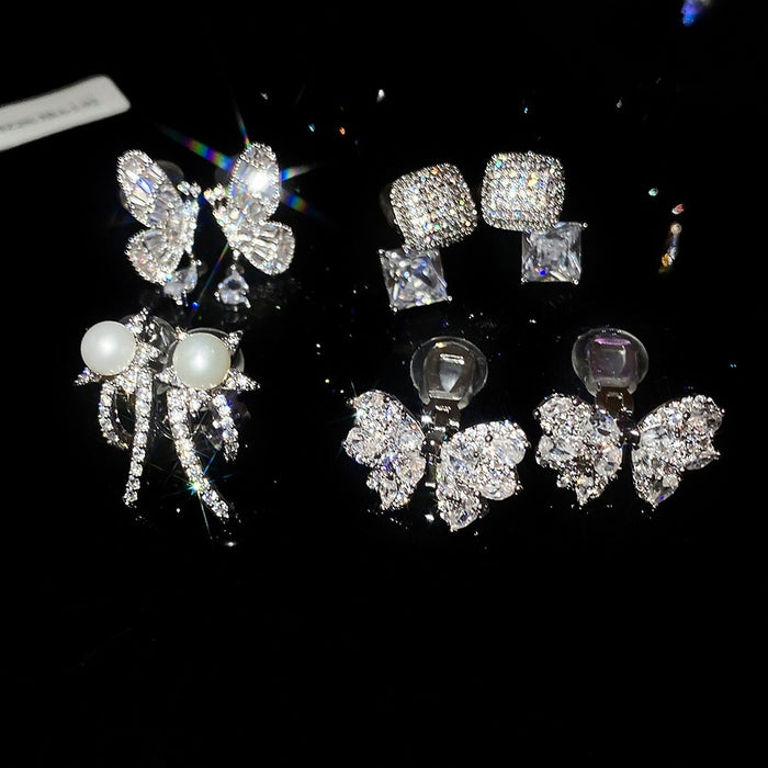 Korean Style Copper Zircon Square Bow Clip-on Earrings For Women, Light Luxury No-Piercing Jewelry