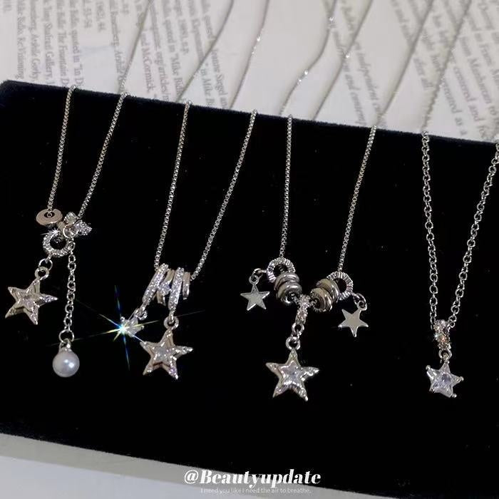 Silver Stainless Steel Sparkling Zircon Star Pendant Necklace For Women Old Money Clavicle Chain