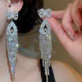 Luxury Full Rhinestone Bow Tassel Copper Drop Earrings For Women European American Style view 4