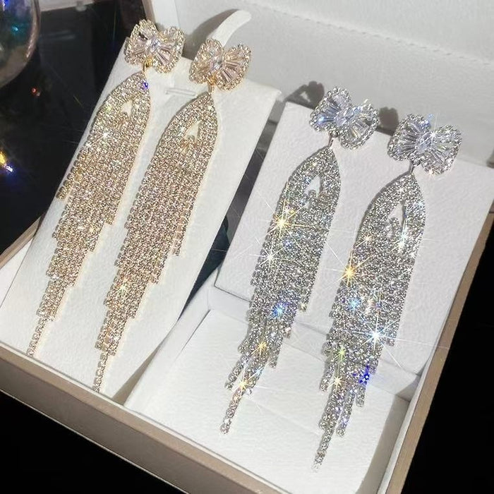 Luxury Full Rhinestone Bow Tassel Copper Drop Earrings For Women European American Style