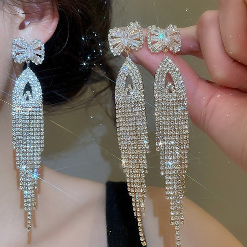 Luxury Full Rhinestone Bow Tassel Copper Drop Earrings For Women European American Style