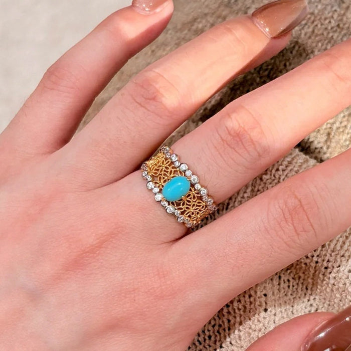 Vintage Copper Turquoise Rhinestone Oval Geometric Ring, Luxury Chinese Court Style Statement Jewelry