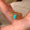 Vintage Copper Turquoise Rhinestone Oval Geometric Ring, Luxury Chinese Court Style Statement Jewelry view 4
