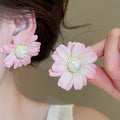 Fresh Style Fabric Flower Pearl Stud Earrings With Silver Pins Vintage Sweet Floral Ear Jewelry view 3