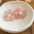 Fresh Style Fabric Flower Pearl Stud Earrings With Silver Pins Vintage Sweet Floral Ear Jewelry view 4