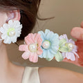 Fresh Style Fabric Flower Pearl Stud Earrings With Silver Pins Vintage Sweet Floral Ear Jewelry view 1