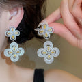 Luxury Floral Zircon Copper Drop Earrings With Silver Posts Elegant Court Style Jewelry view 2