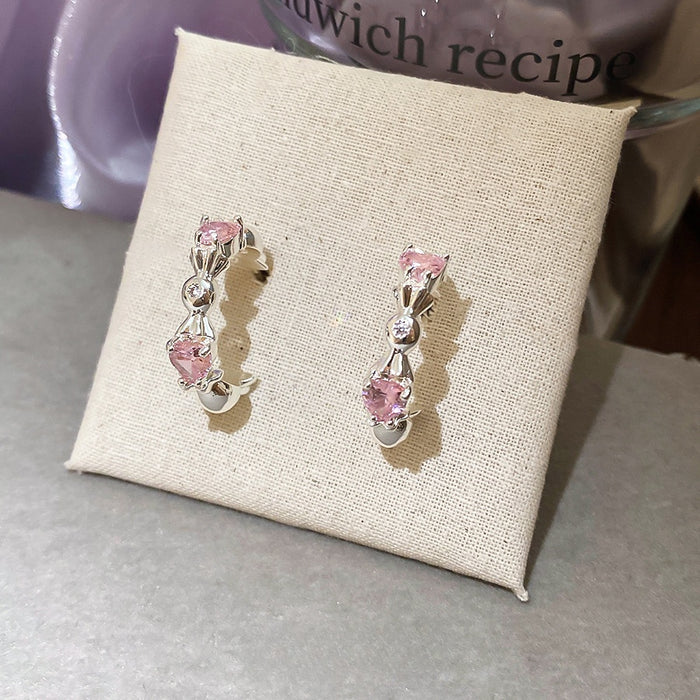 Korean Sweet Cool Pink Heart Copper Stud Earrings, Candy Round Geometric Light Luxury Style