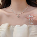 Delicate Copper Cross Pearl Earrings And Necklace Jewelry Set, Light Luxury Geometric Style view 1