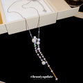 French Old Money Faux Pearl Tassel Necklace With Sparkling Rhinestone Geometric Pendant view 2
