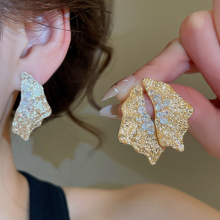 18K Gold Plated Copper Zircon Geometric Pleated Stud Earrings For Women Fashion OL Jewelry