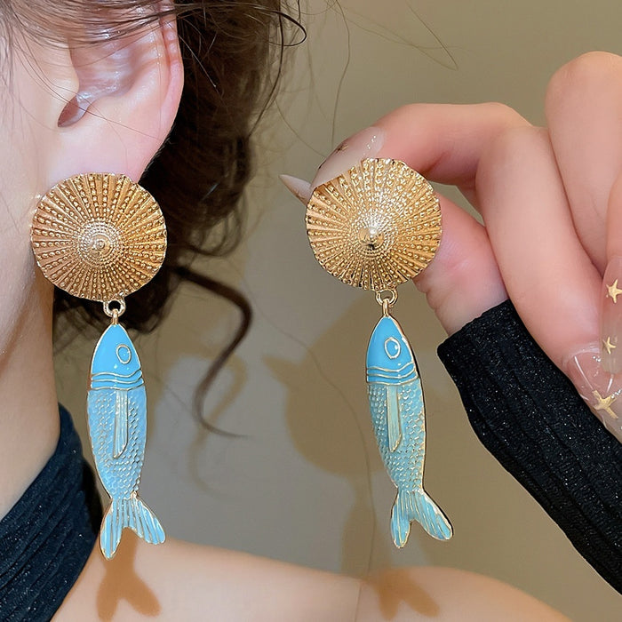 Vintage Enamel Goldfish Drop Earrings Ethnic Style Alloy Silver Needle Jewelry