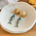 Vintage Enamel Goldfish Drop Earrings Ethnic Style Alloy Silver Needle Jewelry view 4