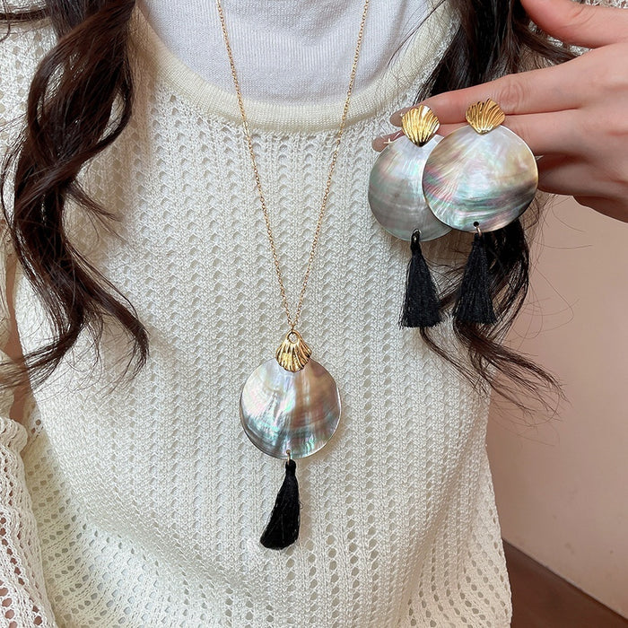 Silver Needle Natural Shell Round Stud Earrings Necklace Jewelry Set Ethnic Vacation Style For Women