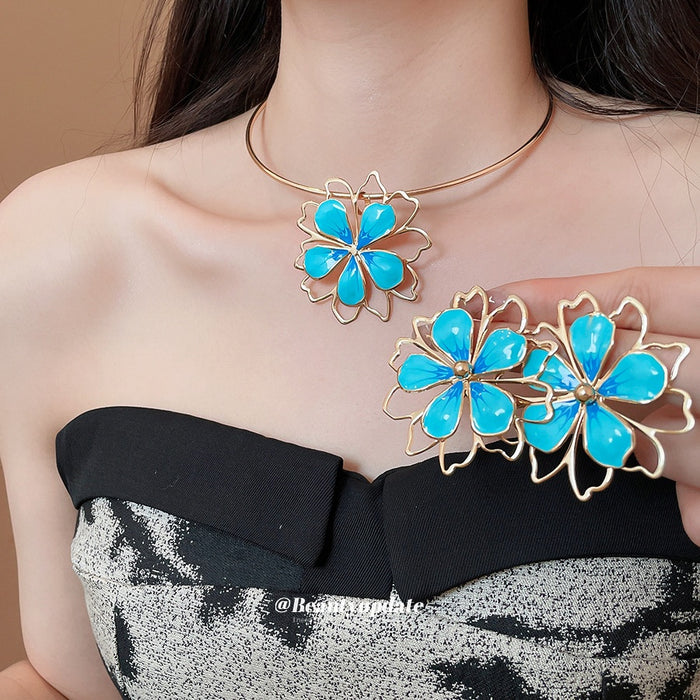 Sweet Style Iron Metal Flower Earrings Necklace Jewelry Set For Women Minimalist Fashion Design