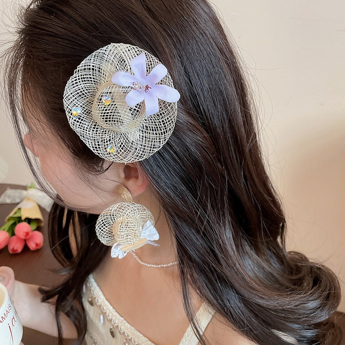 Silver Post Raffia Woven Sun Hat Flower Stud Earrings Hair Accessory Jewelry Set For Beach Vacation