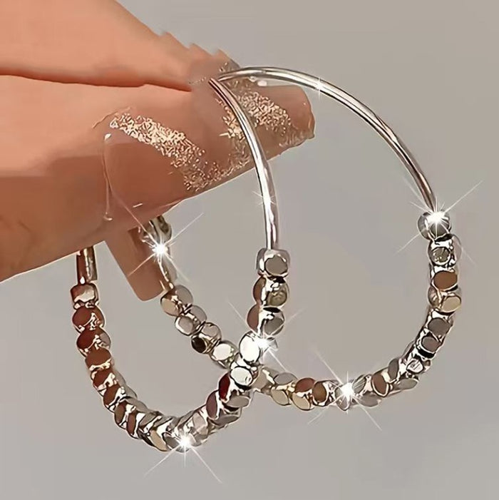 Korean Japanese Square Metal Earrings, Minimalist Personality Circle Silver Nugget Large Hoops