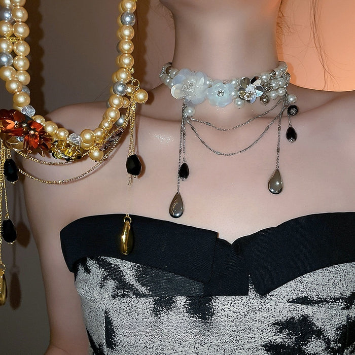 Sweet Cool Glass Bead Rhinestone Flower Teardrop Pearl Clavicle Necklace