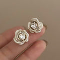 Alloy French Camellia Flower Zircon Pearl Stud Earrings For Women, Sweet Light Luxury Style view 1