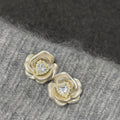 Alloy French Camellia Flower Zircon Pearl Stud Earrings For Women, Sweet Light Luxury Style view 3