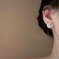 Alloy French Camellia Flower Zircon Pearl Stud Earrings For Women, Sweet Light Luxury Style view 4