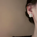 Alloy French Camellia Flower Zircon Pearl Stud Earrings For Women, Sweet Light Luxury Style view 2