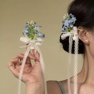 Sweet Fabric Blue Flower Bow Ribbon Earrings, Spring Floral Fairy Style Side Clip Design