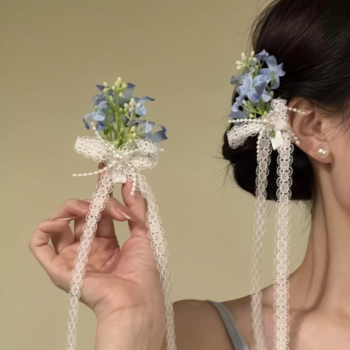 Sweet Fabric Blue Flower Bow Ribbon Earrings, Spring Floral Fairy Style Side Clip Design
