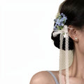 Sweet Fabric Blue Flower Bow Ribbon Earrings, Spring Floral Fairy Style Side Clip Design view 5