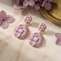 Elegant Vintage Pink Enamel Flower Pearl Drop Dangle With Gold Trim Alloy Silver Needle Earrings view 2