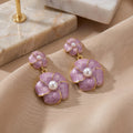 Elegant Vintage Pink Enamel Flower Pearl Drop Dangle With Gold Trim Alloy Silver Needle Earrings view 3