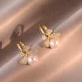 Copper Silver Needle Zircon Bow Pearl Flower Stud Earrings French Fashion Light Luxury view 2