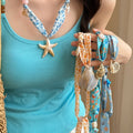 Old Money Beach Starfish Shell Beaded Fabric Scarf Necklace For Women Summer Vacation Long Accessory view 4