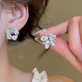 Light Luxury Faux Pearl Shell Flower Stud Earrings, Modern Geometric Silver Needle Jewelry view 3