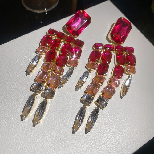 Copper Rhinestone Square Tassel Drop Earrings, European American Luxury Banquet Jewelry