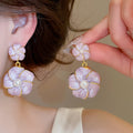 Vintage Alloy Enamel Flower Pearl Stud Earrings Elegant Playful Floral Jewelry For Women view 1