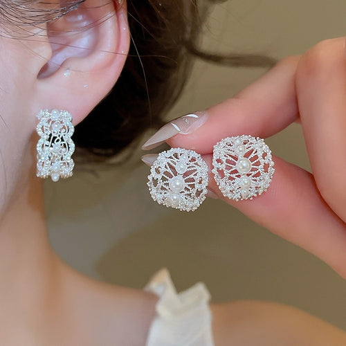 Light Luxury Copper Oval Hollow Zircon Pearl Stud Earrings Ring Jewelry Set For Women