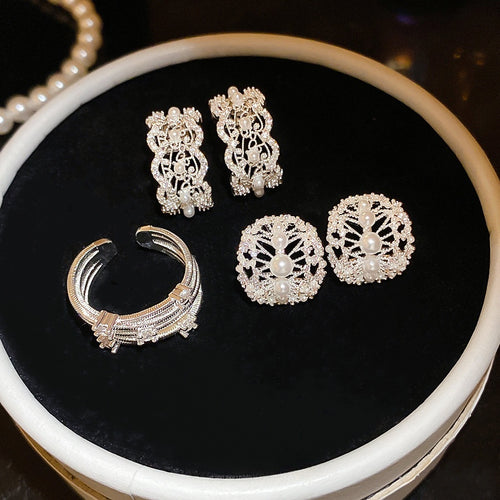 Light Luxury Copper Oval Hollow Zircon Pearl Stud Earrings Ring Jewelry Set For Women