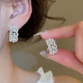 Light Luxury Copper Oval Hollow Zircon Pearl Stud Earrings Ring Jewelry Set For Women view 4